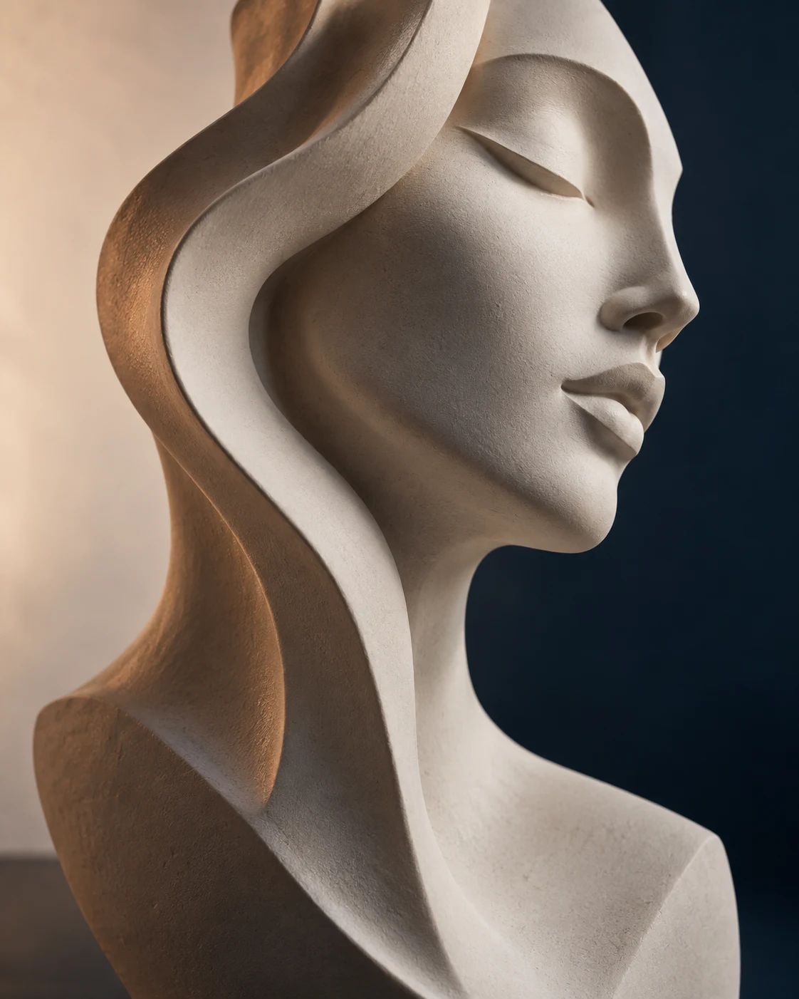 Escultura artística de um rosto em cerâmica, iluminada suavemente